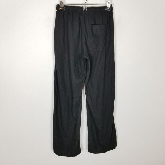 Bershka Women Linen Blend Wide Leg Pants Sz M Black Pull On Drawstring Beach - Picture 3 of 6